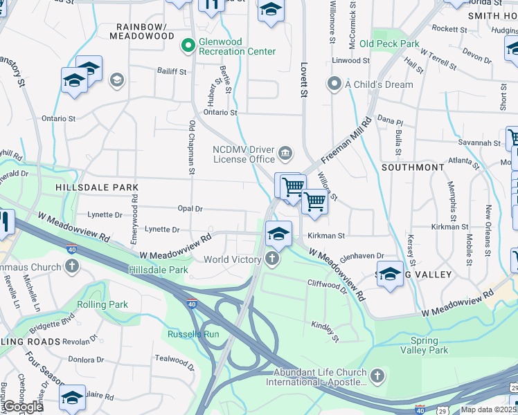 map of restaurants, bars, coffee shops, grocery stores, and more near 1800 Opal Drive in Greensboro