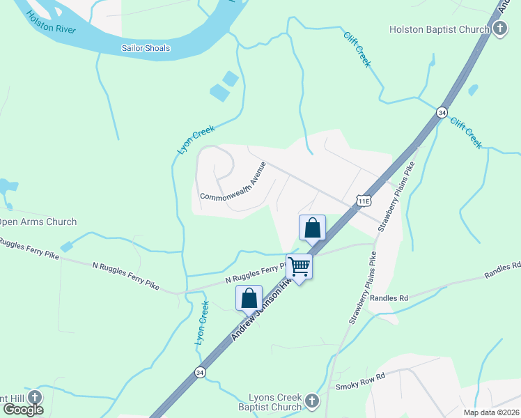map of restaurants, bars, coffee shops, grocery stores, and more near 9333 Gabrielle Road in Strawberry Plains