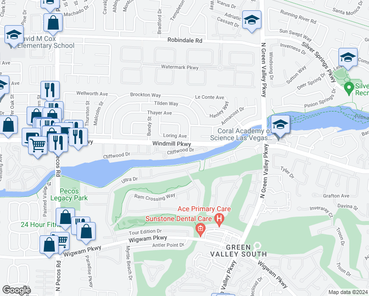 map of restaurants, bars, coffee shops, grocery stores, and more near 2325 Windmill Parkway in Henderson
