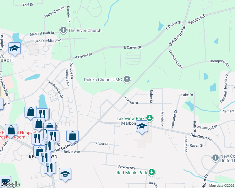 map of restaurants, bars, coffee shops, grocery stores, and more near 3609 Cub Creek Road in Durham