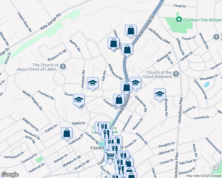 map of restaurants, bars, coffee shops, grocery stores, and more near 5515 Colonial Circle in Knoxville