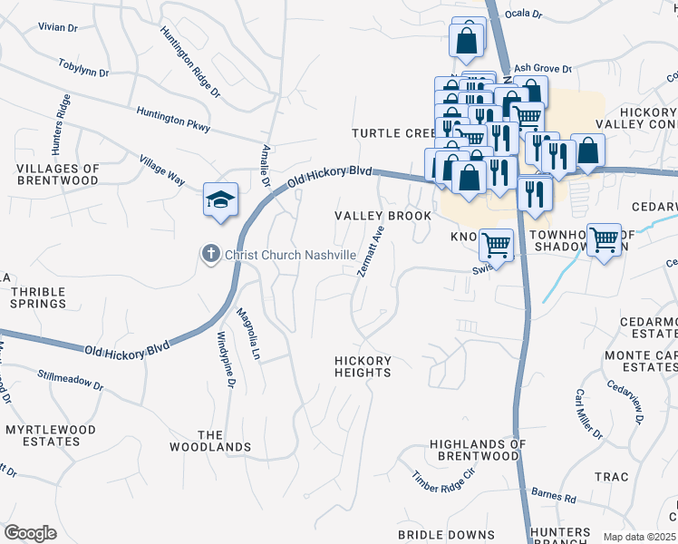 map of restaurants, bars, coffee shops, grocery stores, and more near 3504 Steffisburg Drive in Nashville