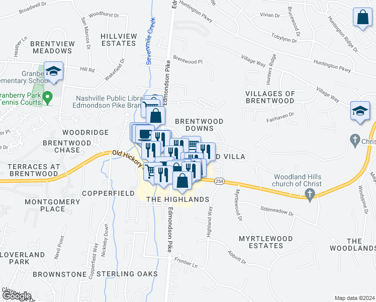 map of restaurants, bars, coffee shops, grocery stores, and more near 122 Brentwood Square in Nashville