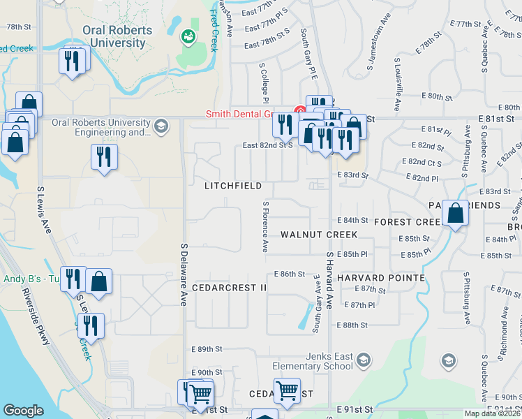 map of restaurants, bars, coffee shops, grocery stores, and more near 8410 South Florence Avenue in Tulsa