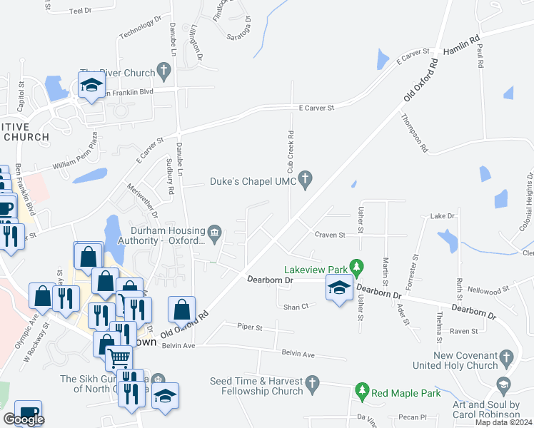 map of restaurants, bars, coffee shops, grocery stores, and more near 621 Hoyle Street in Durham