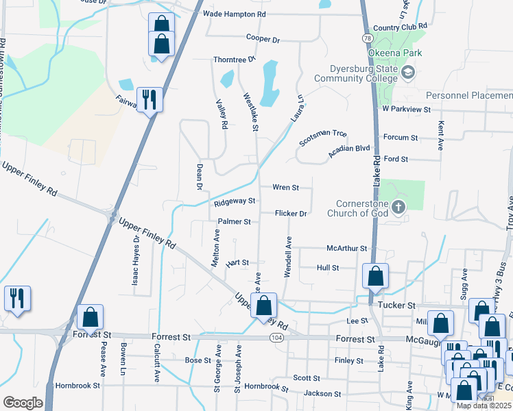 map of restaurants, bars, coffee shops, grocery stores, and more near 1101 Ridgeway Street in Dyersburg