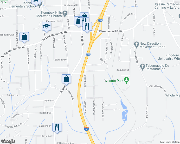 map of restaurants, bars, coffee shops, grocery stores, and more near 3683 Yale Avenue in Winston-Salem