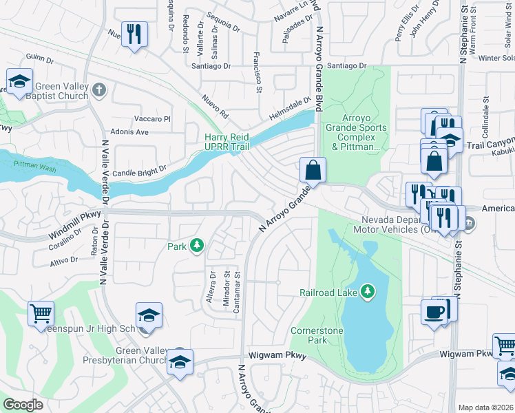 map of restaurants, bars, coffee shops, grocery stores, and more near 1725 Buttermilk Drive in Henderson