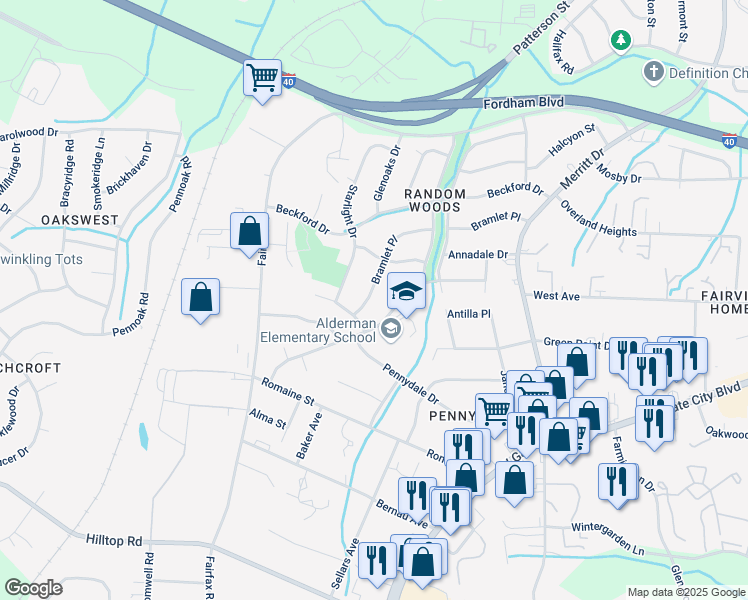 map of restaurants, bars, coffee shops, grocery stores, and more near 4315 Bramlet Place in Greensboro