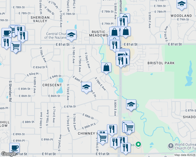 map of restaurants, bars, coffee shops, grocery stores, and more near 7529 South 78th East Avenue in Tulsa
