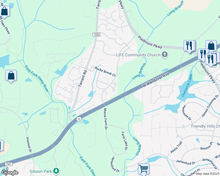 map of restaurants, bars, coffee shops, grocery stores, and more near 3630 Morris Farm Drive in Greensboro