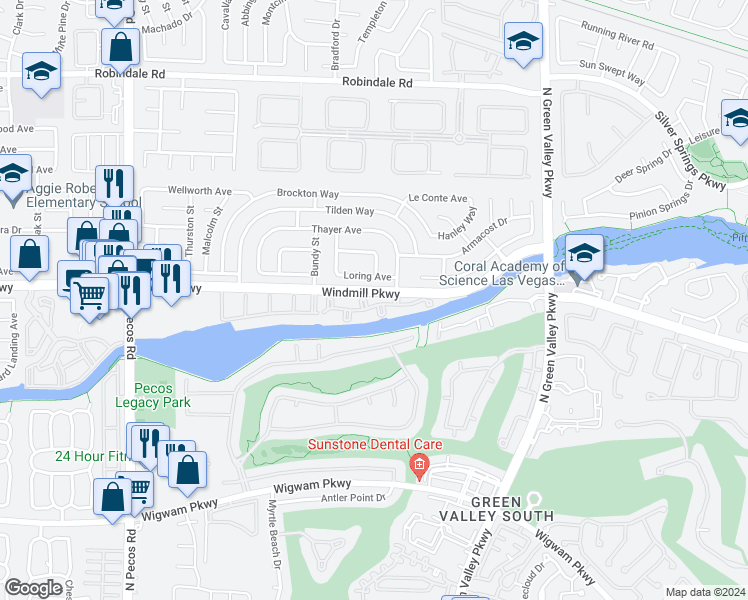 map of restaurants, bars, coffee shops, grocery stores, and more near 2325 Windmill Parkway in Henderson