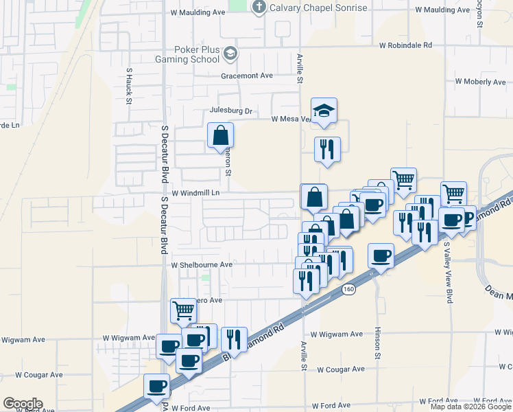 map of restaurants, bars, coffee shops, grocery stores, and more near 8175 Arville Street in Las Vegas
