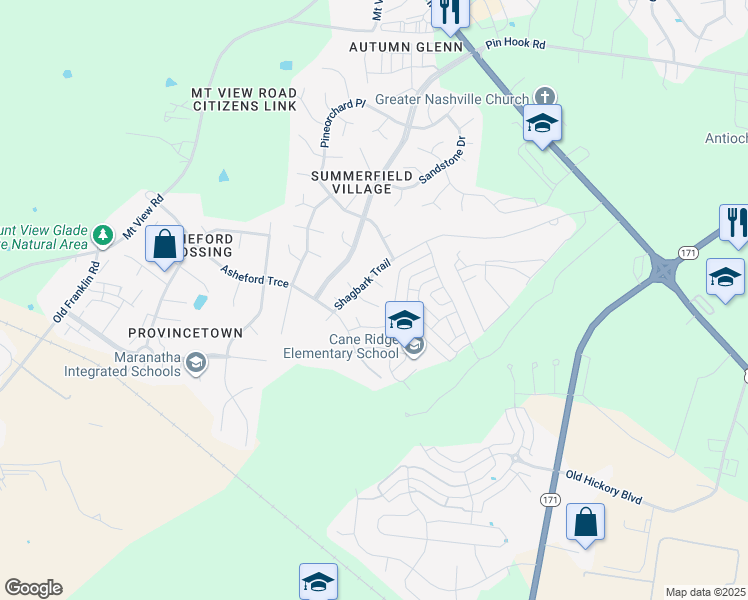 map of restaurants, bars, coffee shops, grocery stores, and more near 409 Mossy Oak Trail in Nashville