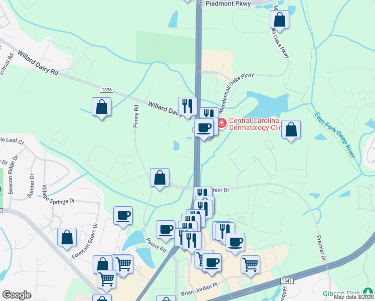 map of restaurants, bars, coffee shops, grocery stores, and more near 2783 North Carolina 68 in High Point