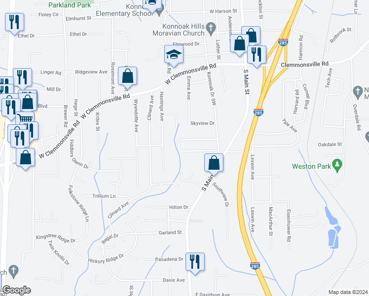 map of restaurants, bars, coffee shops, grocery stores, and more near 173 Konnoak Village Circle in Winston-Salem