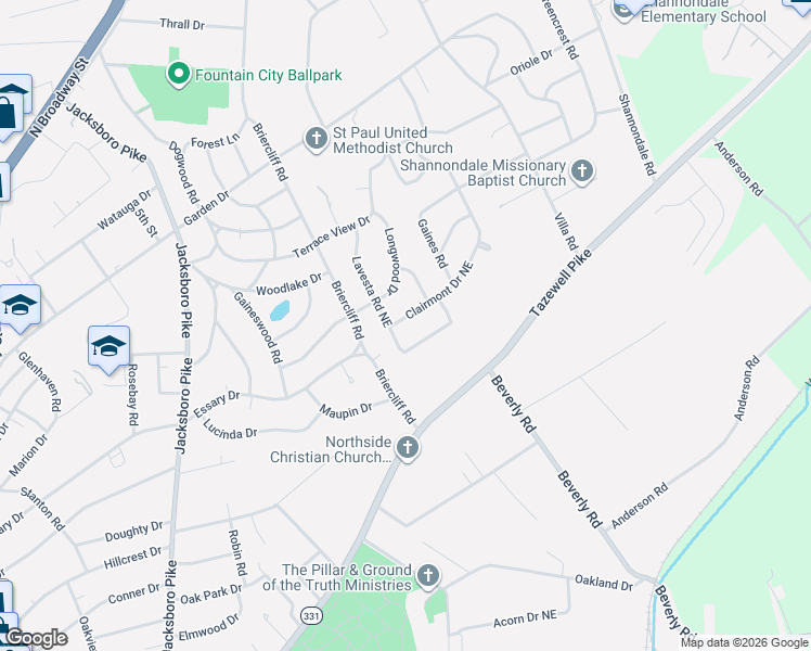 map of restaurants, bars, coffee shops, grocery stores, and more near 4004 Clairmont Drive Northeast in Knoxville