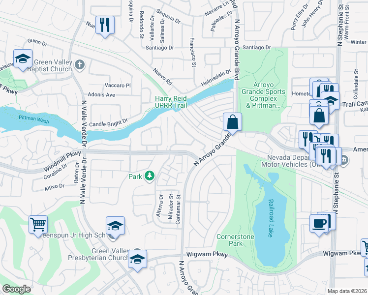 map of restaurants, bars, coffee shops, grocery stores, and more near 1741 Buttermilk Drive in Henderson