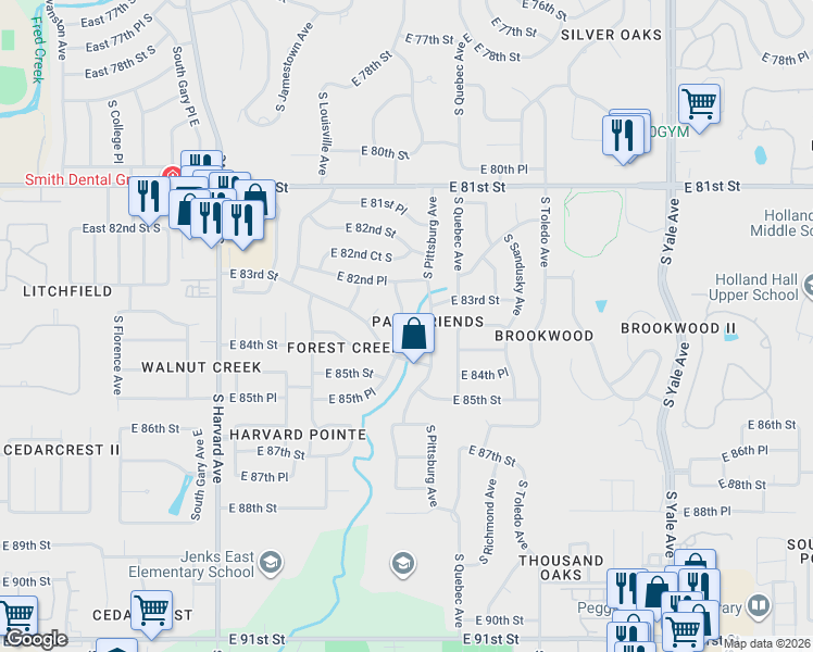 map of restaurants, bars, coffee shops, grocery stores, and more near 8235 South Oswego Avenue in Tulsa