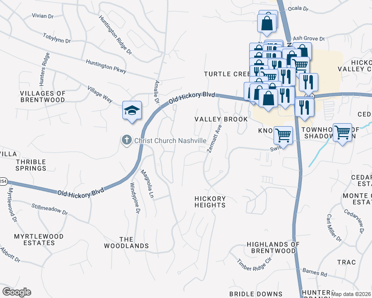 map of restaurants, bars, coffee shops, grocery stores, and more near 3536 Steffisburg Drive in Nashville