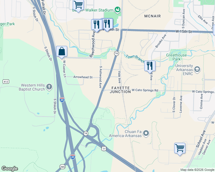 map of restaurants, bars, coffee shops, grocery stores, and more near 1983 South Razorback Road in Fayetteville