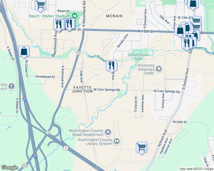 map of restaurants, bars, coffee shops, grocery stores, and more near 1146 West Cato Springs Road in Fayetteville
