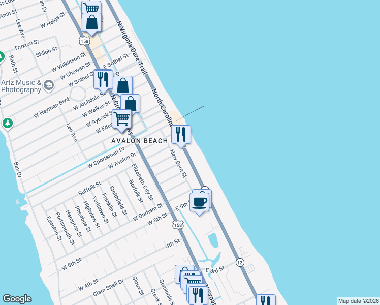 map of restaurants, bars, coffee shops, grocery stores, and more near 2037 North Virginia Dare Trail in Kill Devil Hills