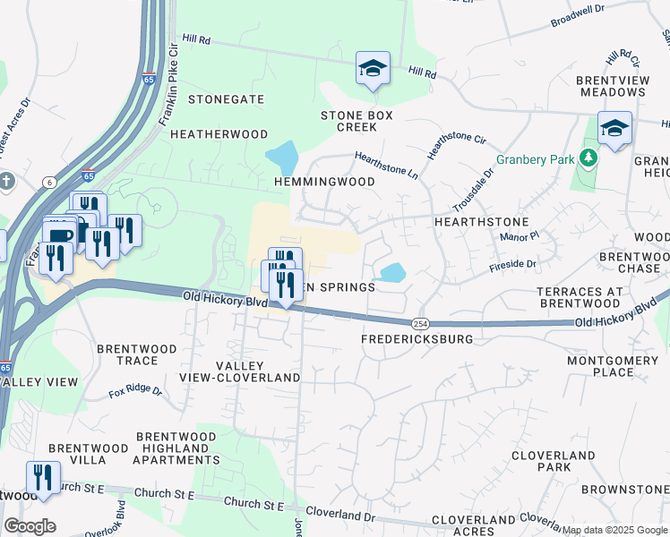 map of restaurants, bars, coffee shops, grocery stores, and more near 317 Seven Springs Way in Brentwood