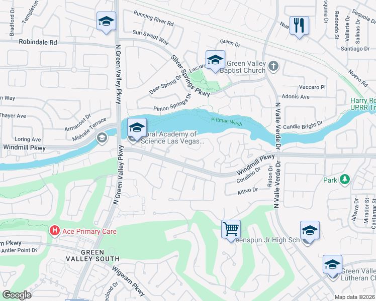 map of restaurants, bars, coffee shops, grocery stores, and more near 2021 Angel Falls Drive in Henderson