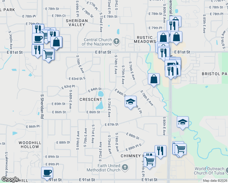 map of restaurants, bars, coffee shops, grocery stores, and more near 7409 East 84th Street in Tulsa