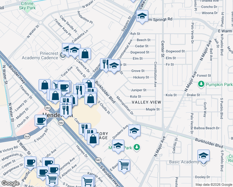 map of restaurants, bars, coffee shops, grocery stores, and more near 117 Metropolitan Drive in Henderson