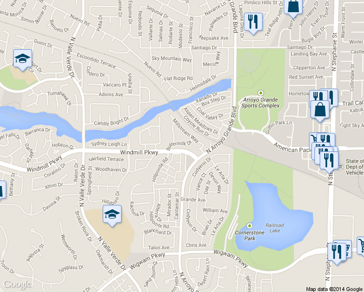 map of restaurants, bars, coffee shops, grocery stores, and more near 1741 Buttermilk Drive in Henderson