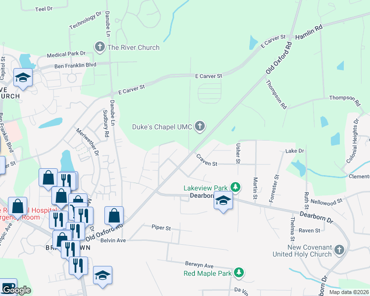 map of restaurants, bars, coffee shops, grocery stores, and more near 3609 Cub Creek Road in Durham
