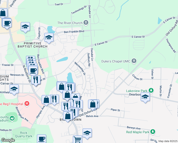 map of restaurants, bars, coffee shops, grocery stores, and more near 500 Pickwick Trail in Durham