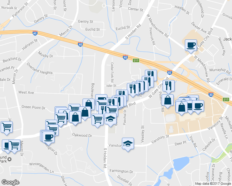 map of restaurants, bars, coffee shops, grocery stores, and more near 2023 Cedar Fork Road in Greensboro