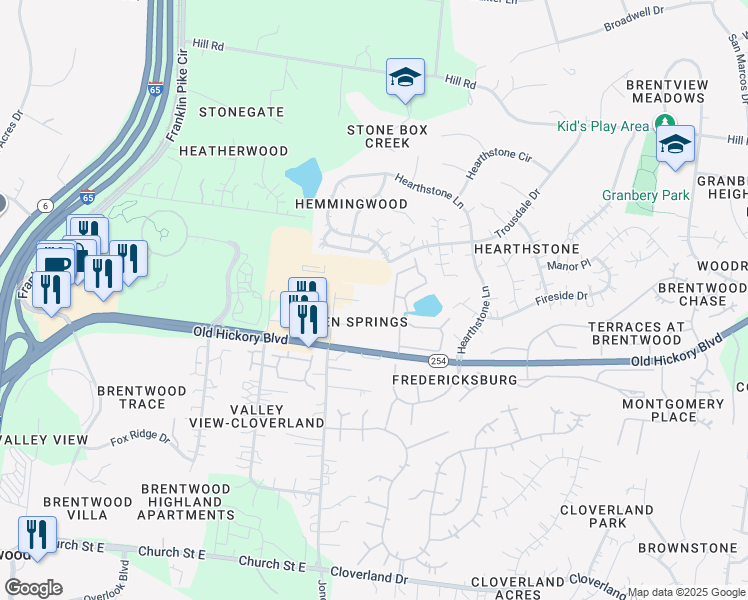 map of restaurants, bars, coffee shops, grocery stores, and more near 323 Seven Springs Way in Brentwood