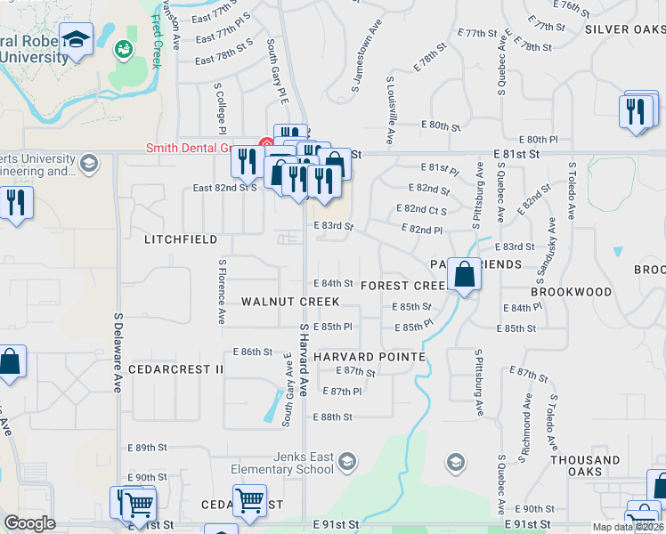 map of restaurants, bars, coffee shops, grocery stores, and more near 8314 South Indianapolis Place in Tulsa