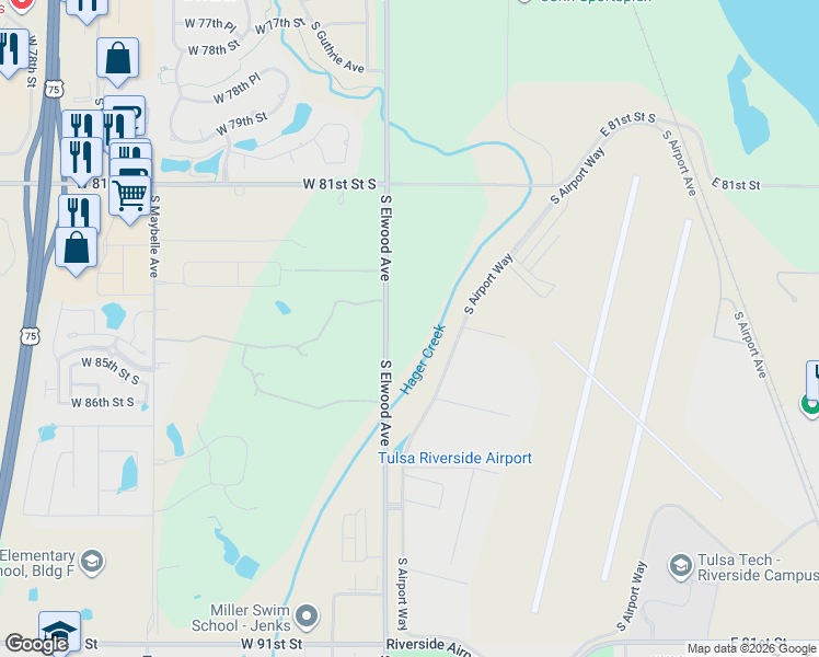 map of restaurants, bars, coffee shops, grocery stores, and more near 8415 South Elwood Avenue in Tulsa