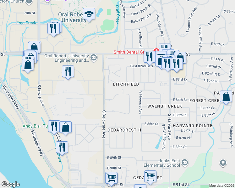 map of restaurants, bars, coffee shops, grocery stores, and more near 8229 South College Avenue in Tulsa