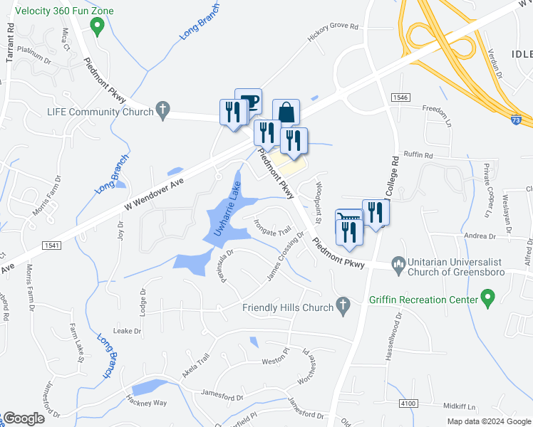 map of restaurants, bars, coffee shops, grocery stores, and more near 3121 Southhampton Drive in Jamestown