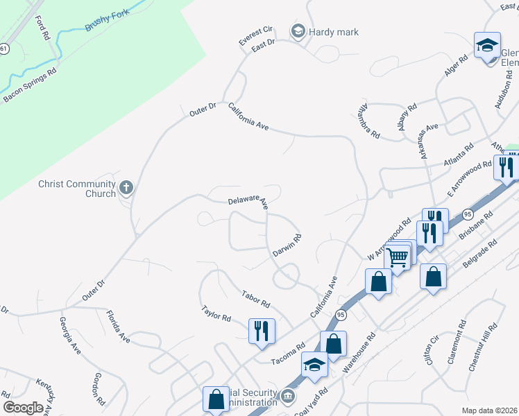 map of restaurants, bars, coffee shops, grocery stores, and more near 403 Delaware Avenue in Oak Ridge