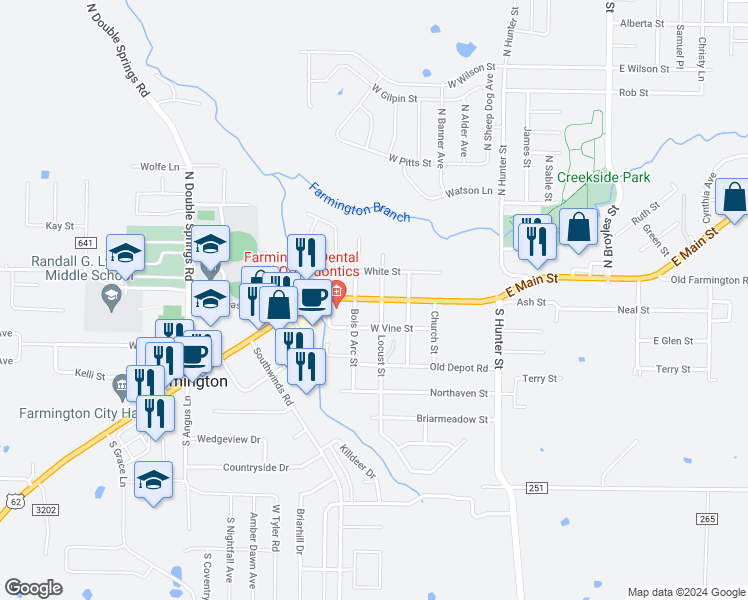 map of restaurants, bars, coffee shops, grocery stores, and more near 139 West Main Street in Farmington