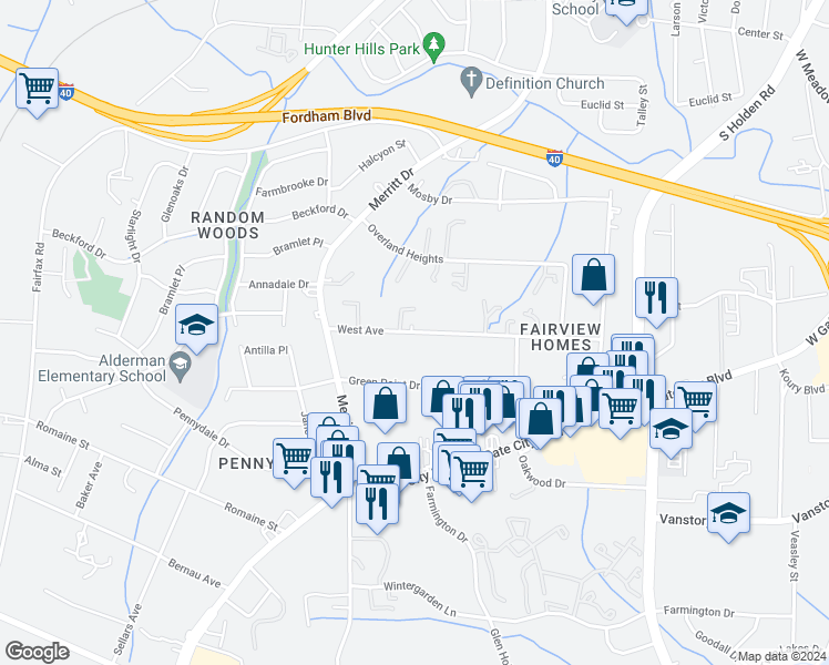 map of restaurants, bars, coffee shops, grocery stores, and more near 3834 West Avenue in Greensboro