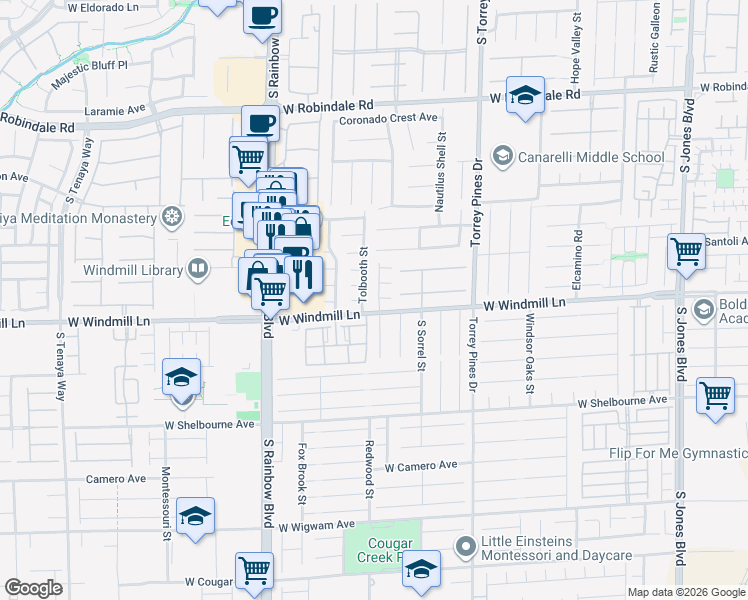map of restaurants, bars, coffee shops, grocery stores, and more near 8076 Tolbooth Street in Las Vegas