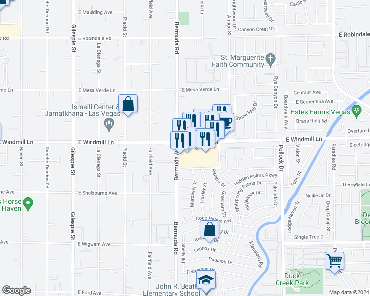 map of restaurants, bars, coffee shops, grocery stores, and more near 425 East Windmill Lane in Las Vegas