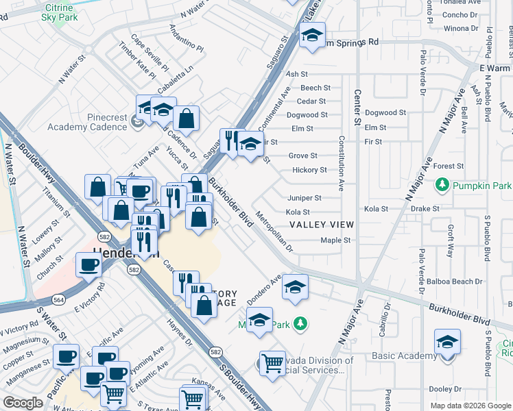 map of restaurants, bars, coffee shops, grocery stores, and more near 117 Metropolitan Drive in Henderson