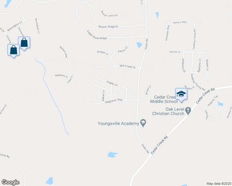 map of restaurants, bars, coffee shops, grocery stores, and more near 40 James Joyce Court in Youngsville