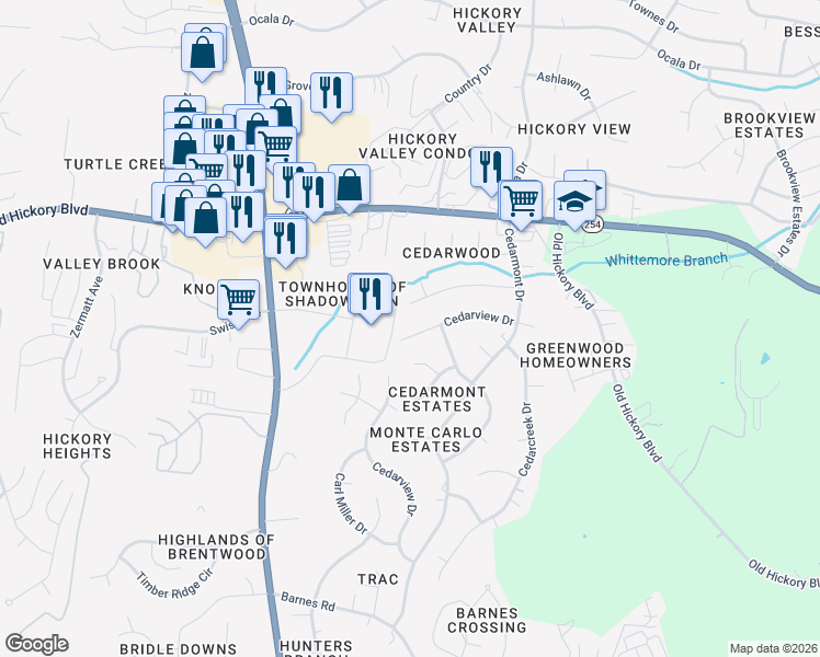 map of restaurants, bars, coffee shops, grocery stores, and more near 316 Cedarview Drive in Nashville