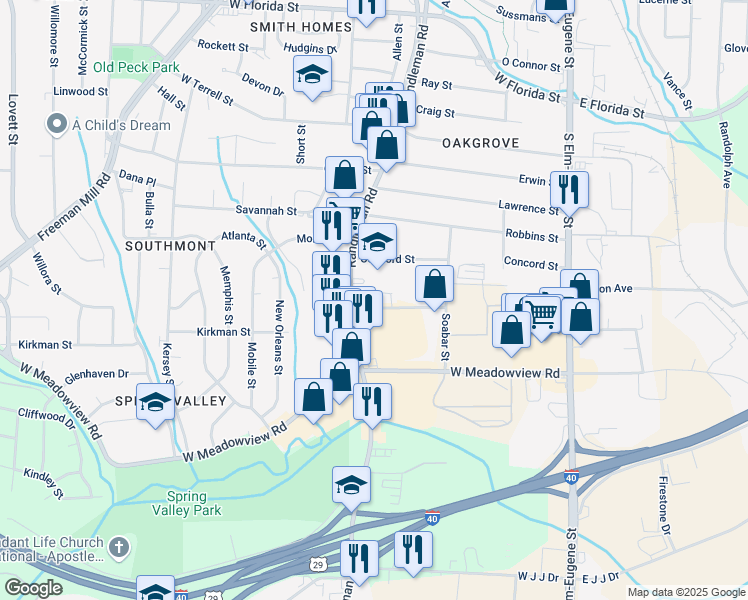 map of restaurants, bars, coffee shops, grocery stores, and more near 318 Village Green Drive in Greensboro