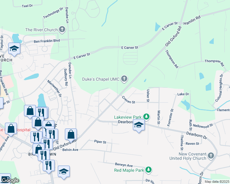 map of restaurants, bars, coffee shops, grocery stores, and more near 3609 Cub Creek Road in Durham